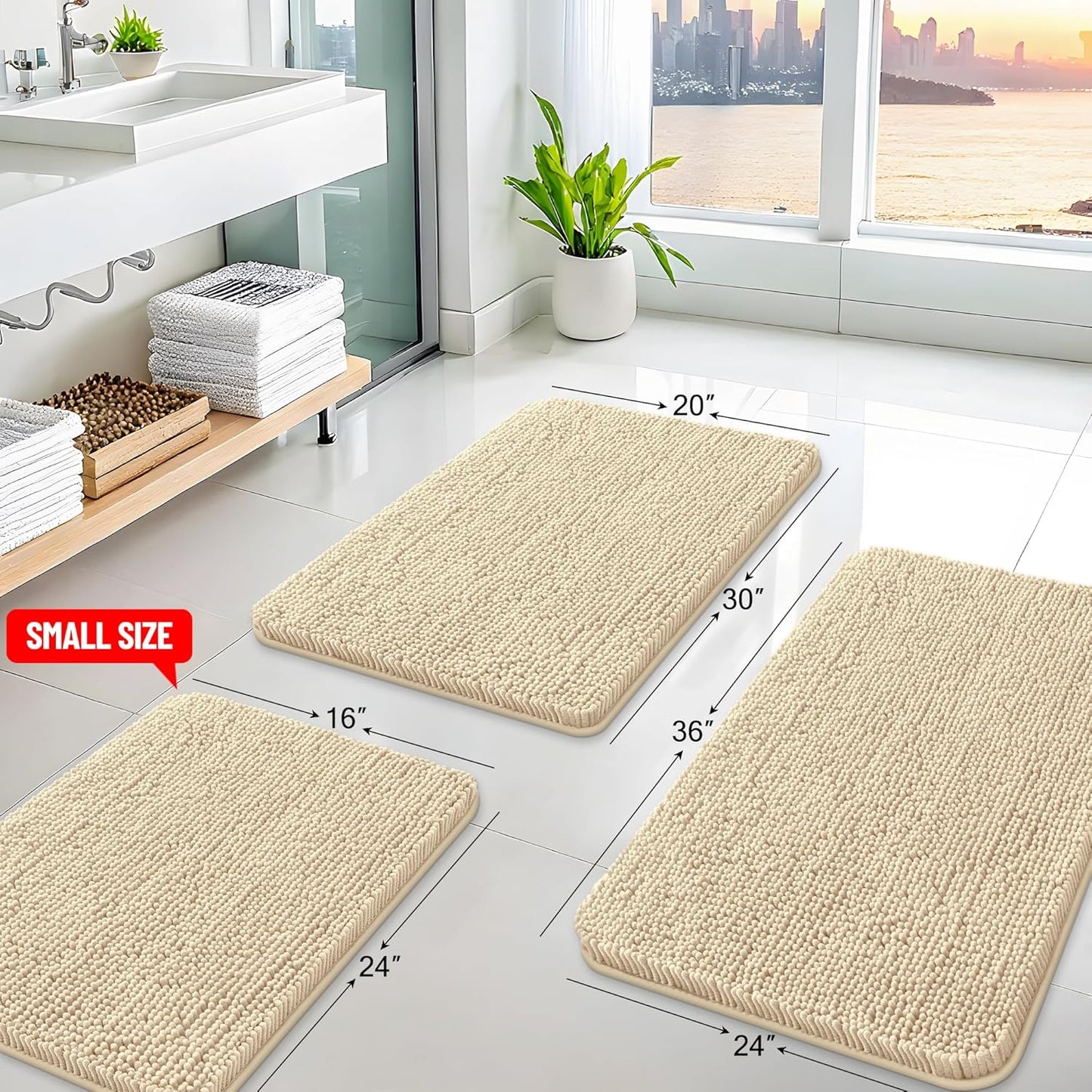 Arotive Bathroom Rugs 47x32, Extra Soft Absorbent Shaggy Chenille Bath Rugs, Machine Washable Rubber Backing Non-Slip Bath Mats for Bathroom Floor Tub and Shower, Home Decor Accessories, Beige