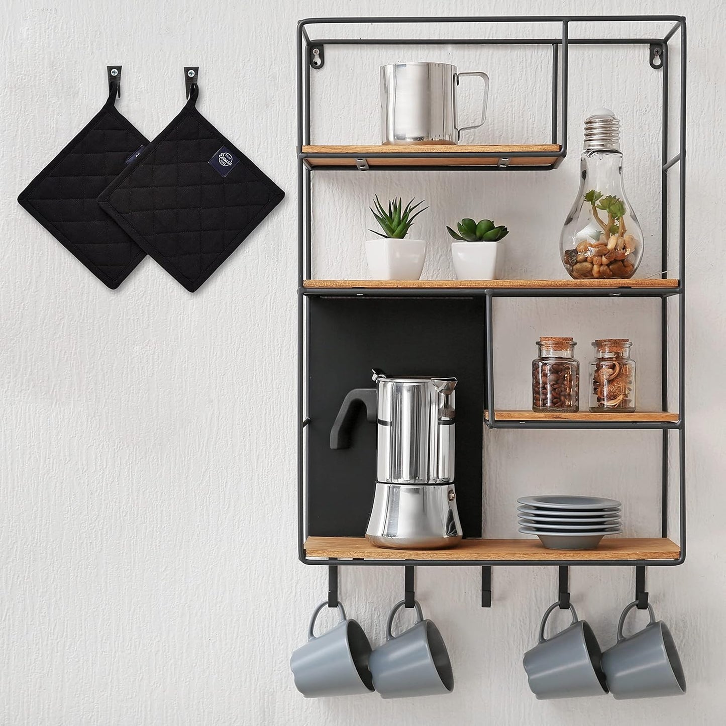 Encasa XO Heat Resistant Cotton Pot Holders with Hanging Loop - Set of 2 - Full Black - Multipurpose Quilted Everyday Hot Pad for Kitchen, Camping, BBQ & Microwave - 8x8 in