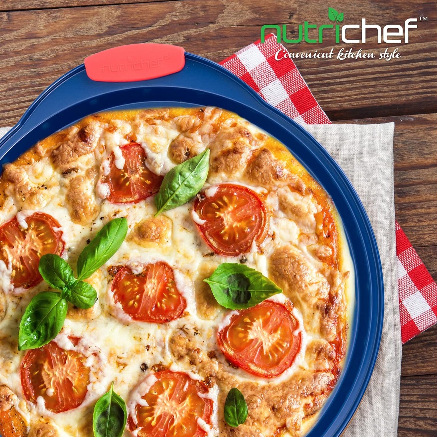 NutriChef 13-Inch Nonstick Pizza Tray - Round Carbon Steel Non-Stick Pizza Baking Pan with Perforated Holes, Premium Bakeware Pizza Screen with Silicone Grip Handles, Dishwasher Safe - Blue