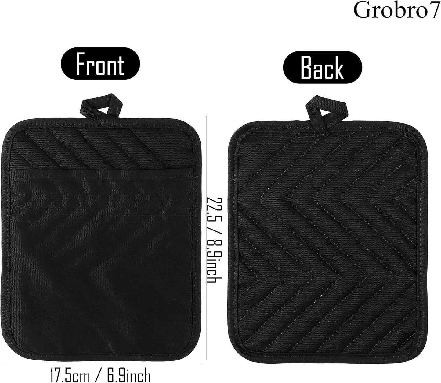 GROBRO7 5Pack Cotton Pocket Pot Holder Set Kitchen Heat Resistant Potholder Machine Washable Hot Pads Bulk Oven Mitts Black Plain Hot Pads Trivet for Baking Cooking with Pocket 7x9