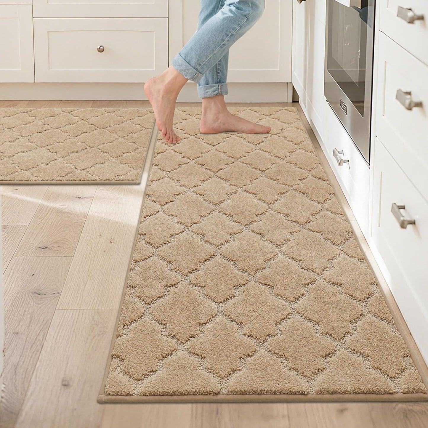 JSEI Kitchen Rugs, Non-Slip Kitchen Mats for Floor, Soft Washable Absorbent Kitchen Mats 2 Pieces, Kitchen Carpet Runner with TPR Backing, Polyester, 24”x36”+24”x60”, Beige