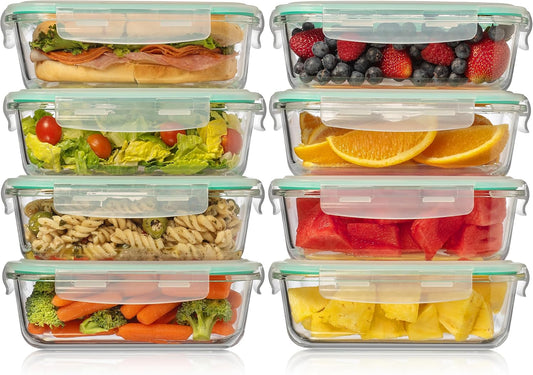 Fusion Gourmet 8 Pack 35 oz Glass Storage Containers with Lids - Airtight, Leakproof, Oven, Microwave & Freezer Safe, Stain & Odor Resistant, Reusable Meal Prep Containers (16-Piece)