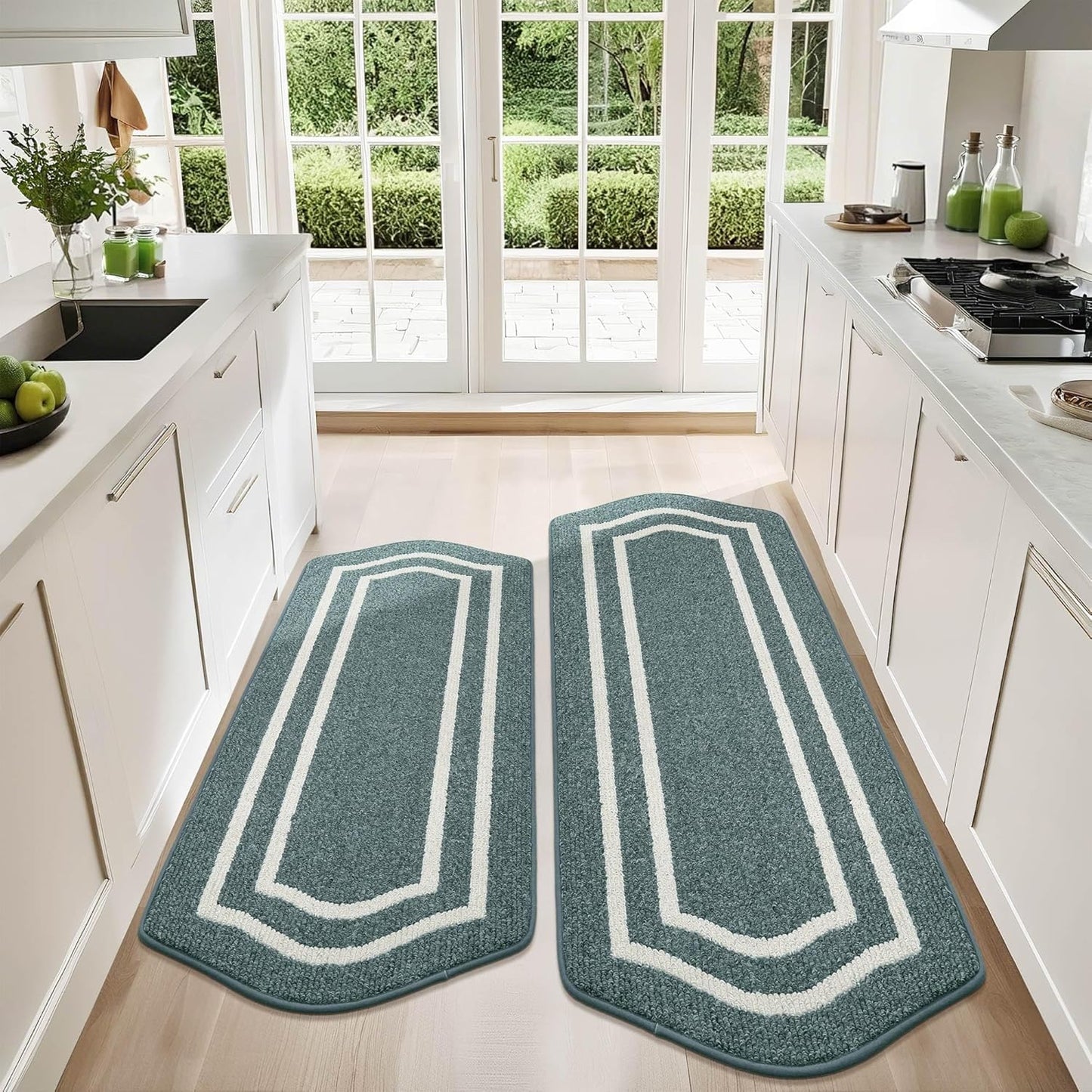 COSY HOMEER Kitchen Rugs and Mats Sets of 2PCS Non Slip Kitchen Mats for Floor Washable Kitchen Runner Stain Resistant Standing Mat for Kitchen,Sink,24"x48"+24"x59",Lake Blue