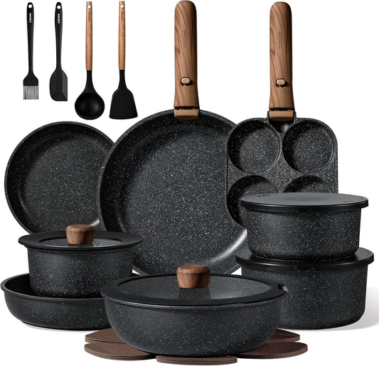 CAROTE 25pcs Pots and Pans Set Non Stick, Cookware Sets, Kitchen Set, Oven/Dishwasher/Fridge Safe, Space Saving Pots Set, Nonstick Set with Versatile Detachable Handle, Induction RV Set, Black