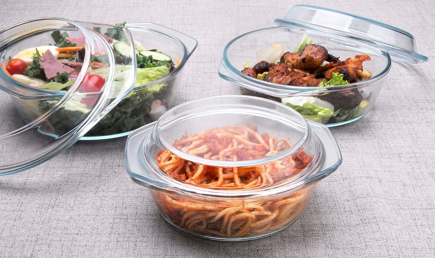 Set of 6 Pieces Round Tempered Glass Casserole Dish with Lids, Glass Casserole Baking Dish Set for Oven, Freezer and Dishwasher Safe - 0.7QT+1QT+1.5QT
