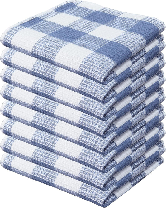 Waffle Weave Plaid Dish Cloths, 100% Cotton - 12 x 12 Inches, Ultra Soft Absorbent Quick Drying Dish Towels Buffalo Check Dish Rags for Kitchen, 8 Pack - Spring Summer - Smoky Grey and White
