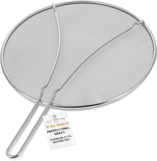 U.S. Kitchen Supply Stainless Steel Splatter Guard 13" Fine Mesh Cover, Grease & Oil, Splatter Screen for Frying Pan, Cooking Pots, with Resting Feet
