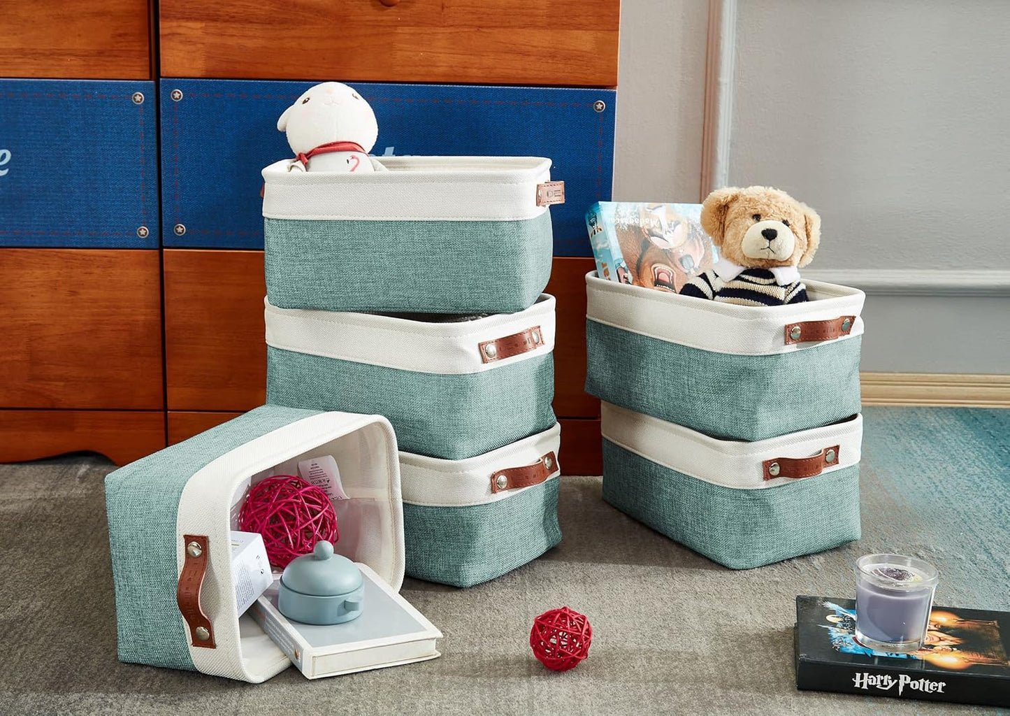 DECOMOMO Small Storage Basket, Closet Storage Bins, Baskets for Organizing Shelves (Teal & White, Small - 6 Pack)