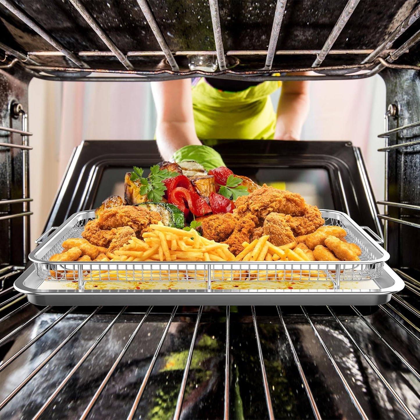 Air Fryer Basket for Oven, OPENICE 18.6" x 12.8" Air Fryer Basket and Tray Set, Extra Large Stainless Steel Air Fryer Pan Crisper Tray for Crisping Fried, Chicken, Bacon