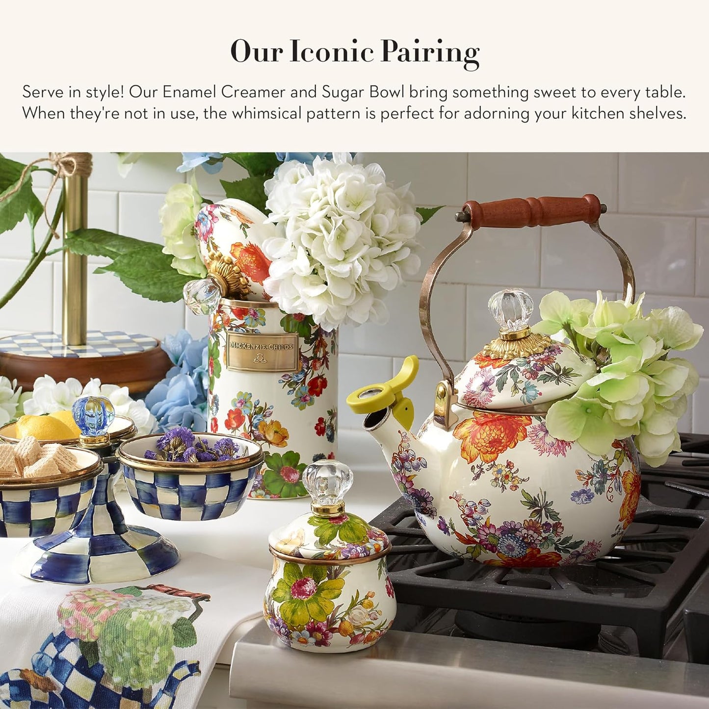 MACKENZIE-CHILDS Enamel Creamer and Sugar-Bowl Set, Cream Dispenser and Sugar Holder, Unique Kitchen Decor, White Flower Market