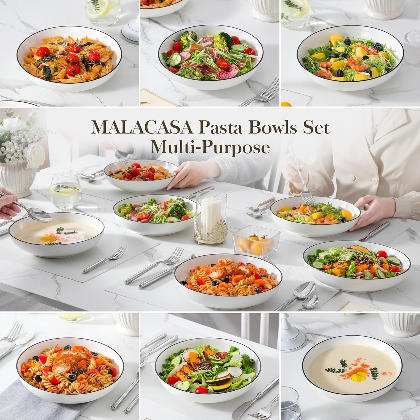 MALACASA 8.85" Large Pasta Bowls, 42 OZ White Salad Bowls Soup Bowls, Porcelain Serving Bowls Set of 6, Ivory White with Black Rim, Microwave & Dishwasher Safe, Series REGULAR