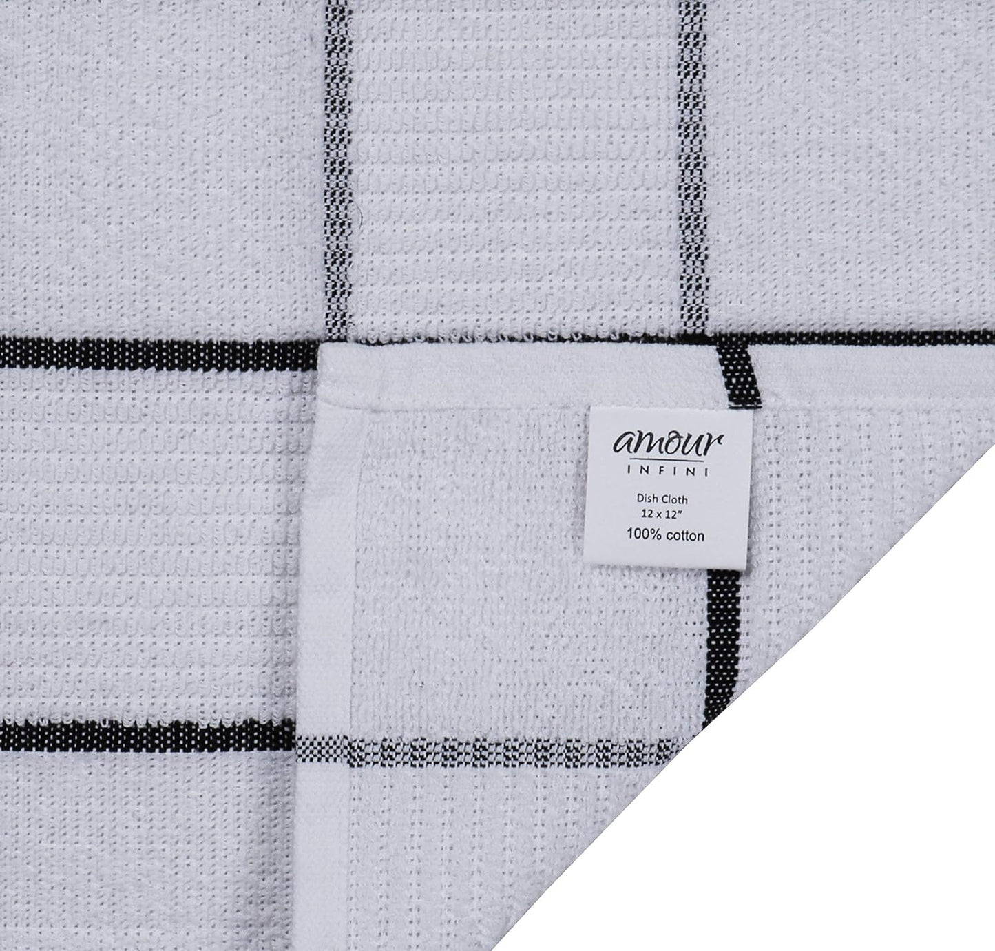 AMOUR INFINI Dish Cloths for Washing Dishes Set of 8 - Highly Absorbent, Super Soft Kitchen Dishcloths - Reusable Quick Dry Dish Rags for Cleaning & Drying Kitchen Linens (12x12 Inch - Black)