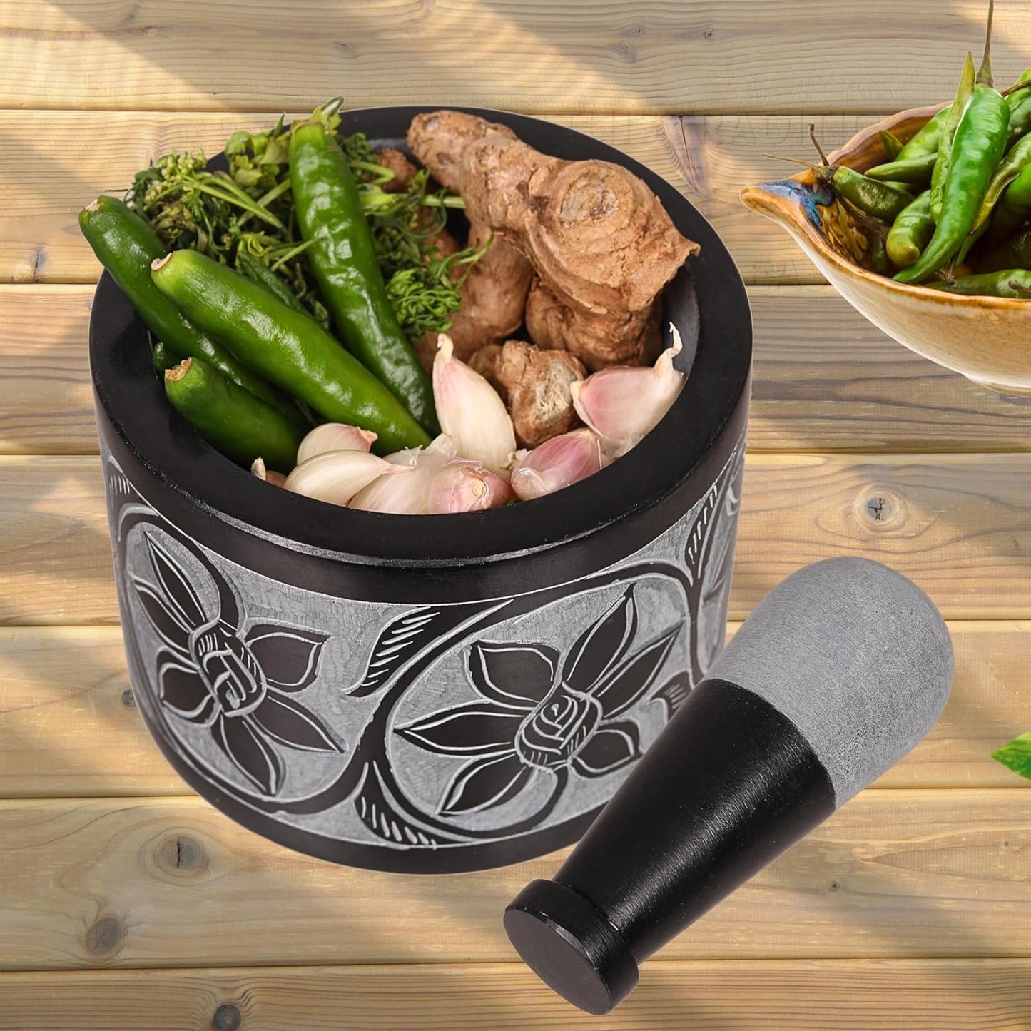 Mortar and Pestle, Made of Heavy Duty Polished Hard Stone, Natural Stone Grinder for Spices, Pastes, Herbs, Seasoning etc. (Ember)