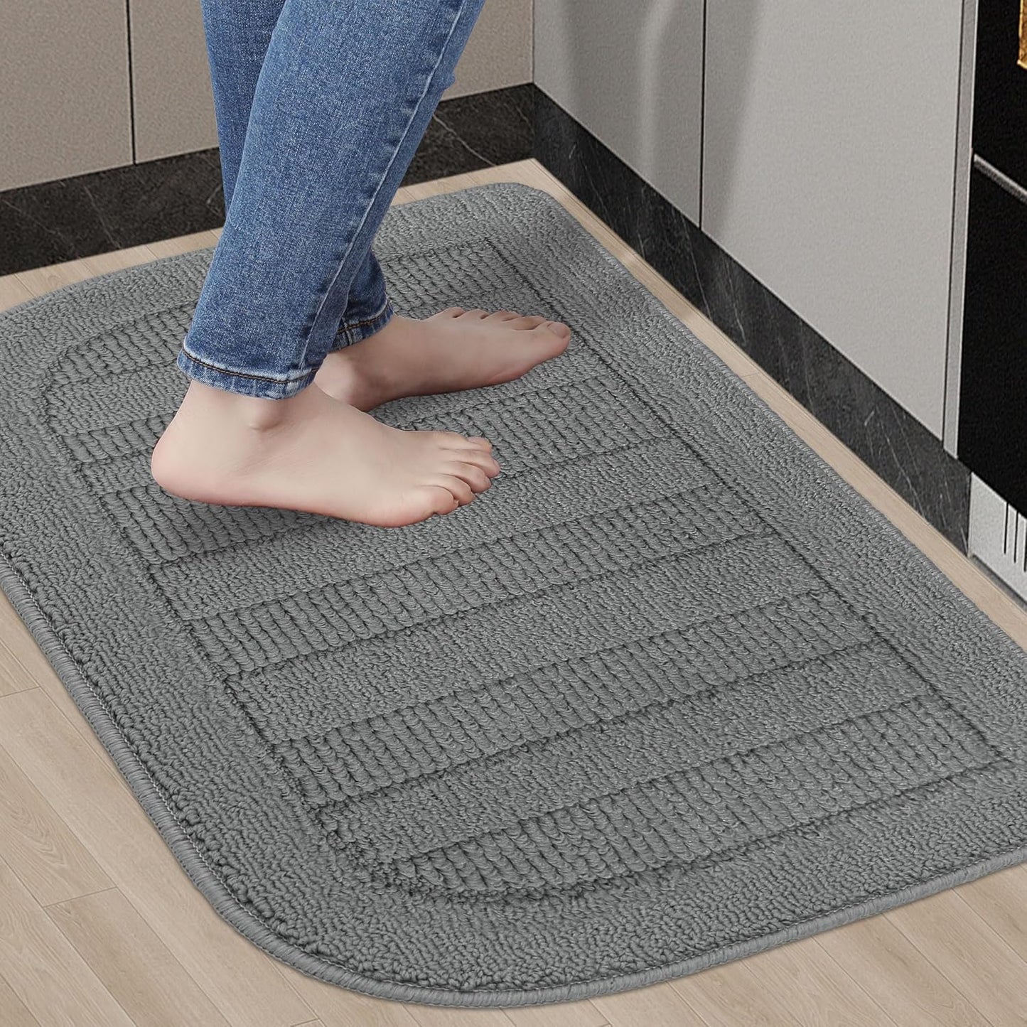 BEQHAUSE 30x18 Inch Kitchen Rug Mat Durable Kitchen Rugs Non-Slip Washable Absorbent Kitchen Mats for Floor Dirt-Resistant Semicircular Kitchen Mat (Grey)
