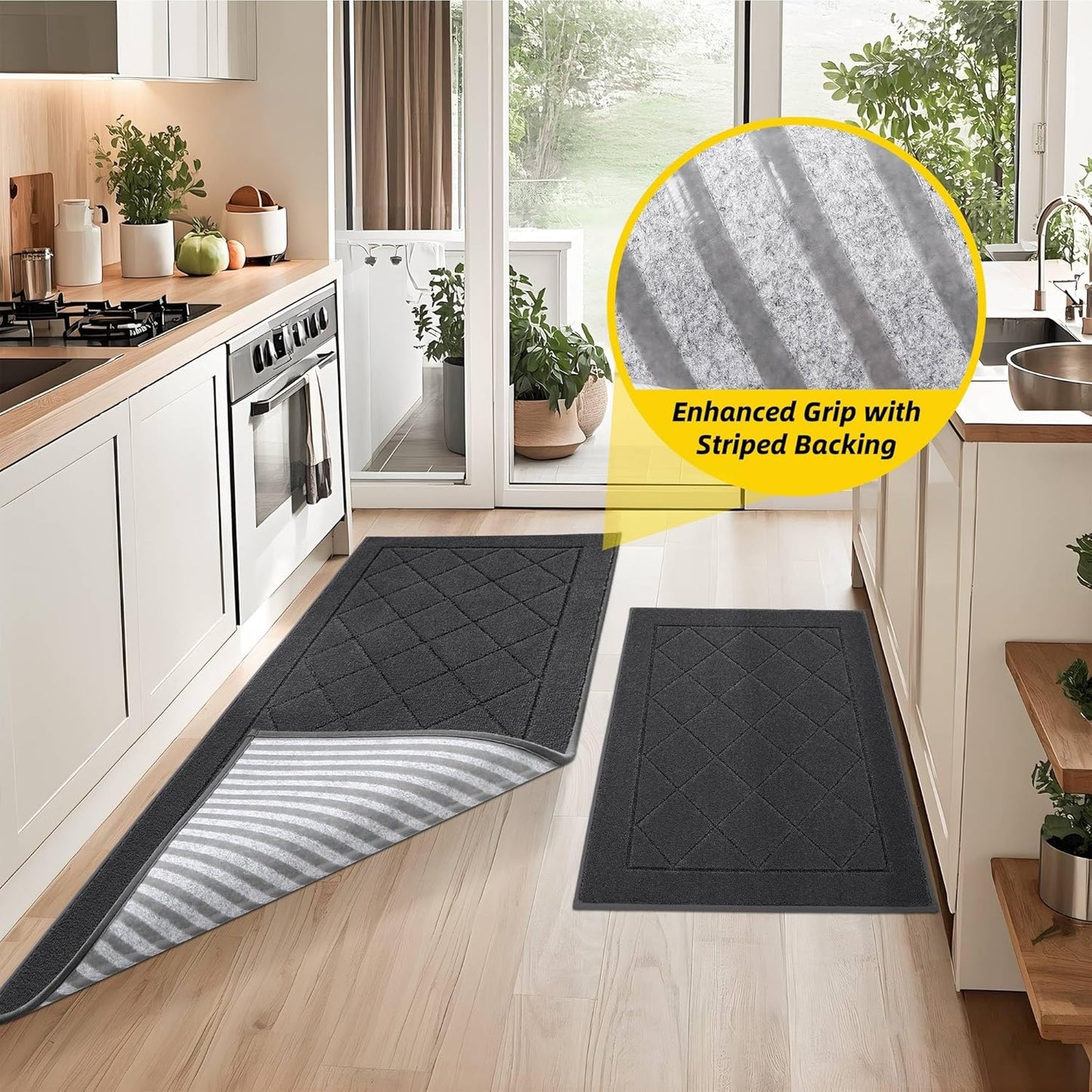 JSEI Non-Slip Kitchen Rugs, Self Adhesive No Sliding Kitchen Mats Set of 2, Soft Washable Absorbent Floor Mat for Kitchen, Bathroom, Laundry Room, Bedroom, 24”x36”+24”x60”, Dark Grey, Diamond Pattern