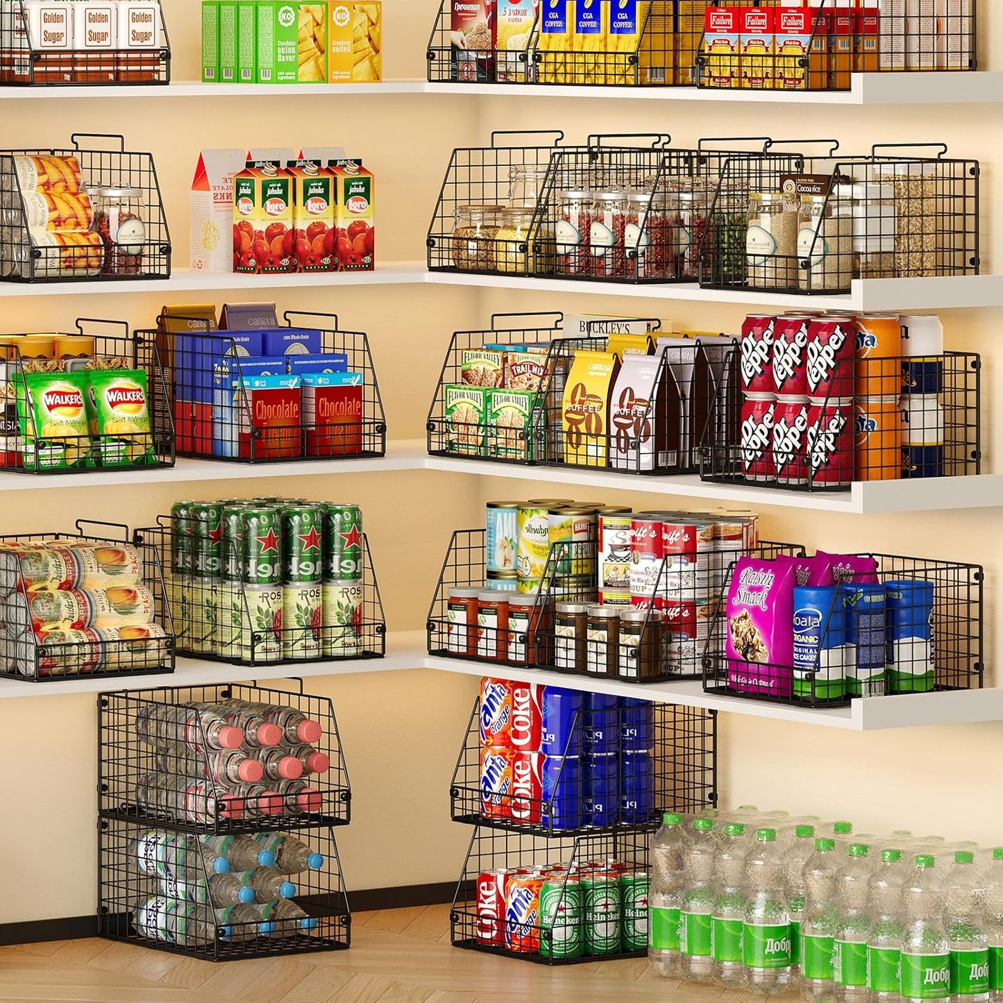 5 Pack XXL Stackable Wire Storage Basket, Extra Large Capacity Pantry Organizer and Storage, Muti-Purpose for Fruit Vegetable Basket & Toy Bin & Snack Organizer