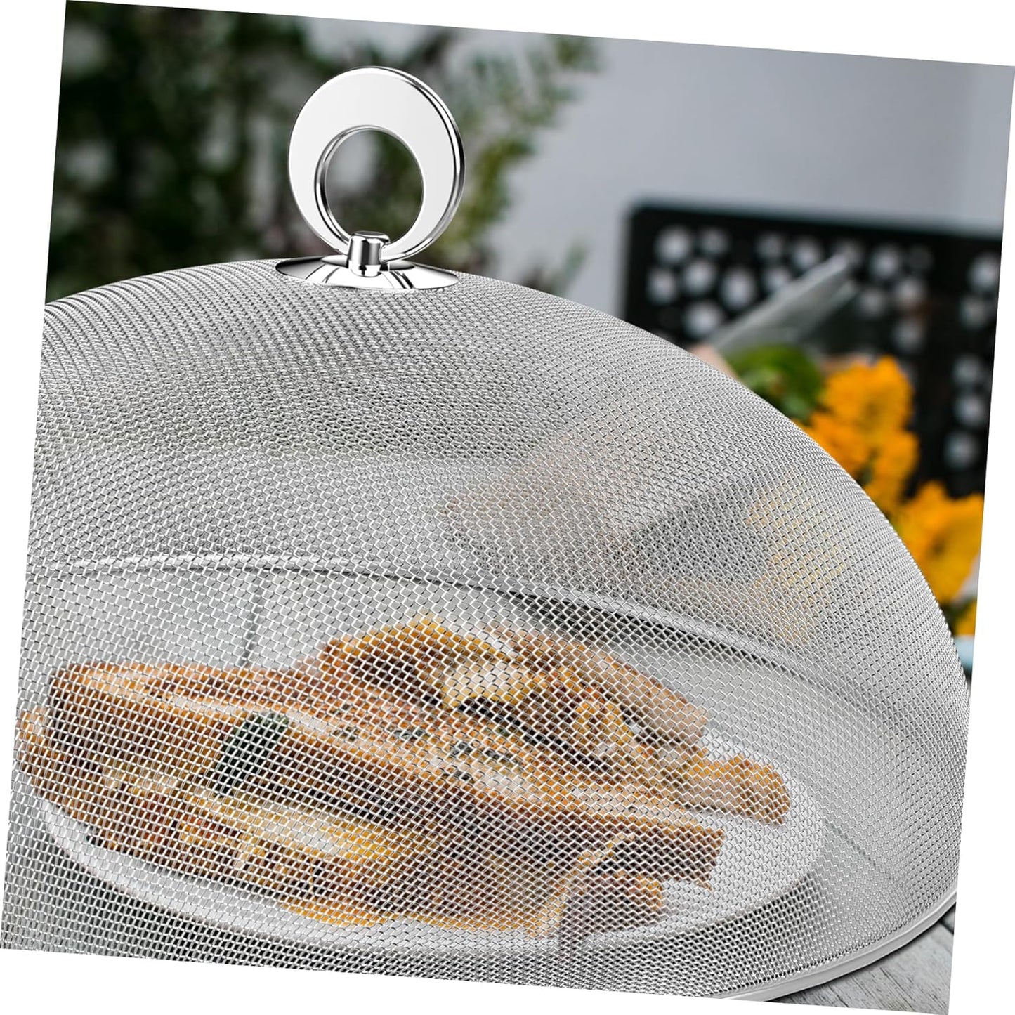 Hemoton Stainless Steel Mesh Dome Food Cover Protector, Round Mesh Screen Food Tent for Kitchen, Outdoor, Picnic, Reusable, Large, Black, 15.7-Inch (Silver L)