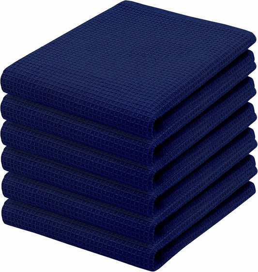 PurpleEssences Waffle Weave Kitchen Towel, 100% Cotton - 15 x 25 Inches, with Hanging Loop Ultra Soft Absorbent Quick Drying Dish Cloth, Tea and Hand Towels, 6 Pack - Navy Blue