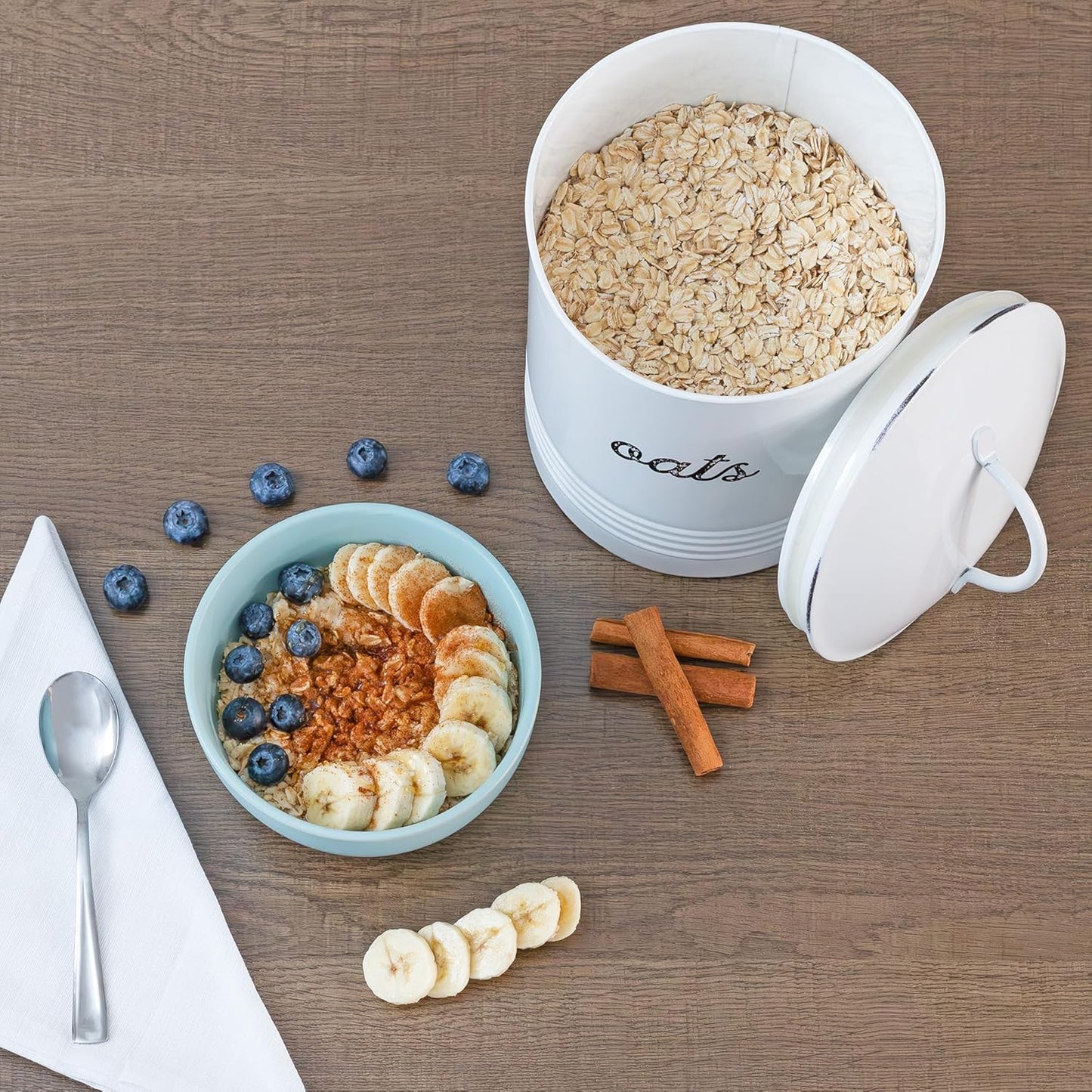 AuldHome Design Farmhouse Enamelware Oatmeal Canister (White); Rustic Distressed Style Oats Storage for Kitchen