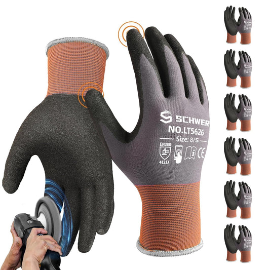 Schwer 6 Pairs Safety Work Gloves with Sandy Nitrile Coating LT5626, Max Abrasion Resistance Heavy Duty Gloves with Grip for Men and Women, Ideal for General Use, Mechanic, Construction, Gardening, S