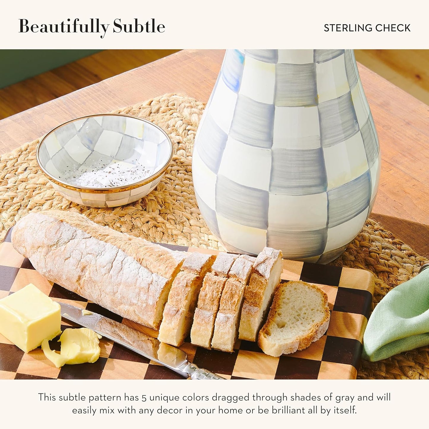 MACKENZIE-CHILDS Enamel Relish Dish, Small Serving Bowl for Entertaining, Gray-and-White Sterling Check