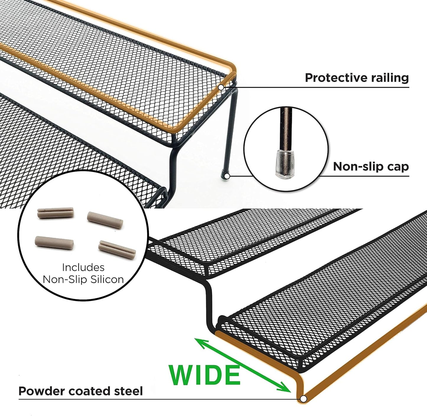 3 Tier Wide Expandable Cabinet Spice Rack Organizer (14.5" to 29.1") - Step Shelf with Protection Railing, Black