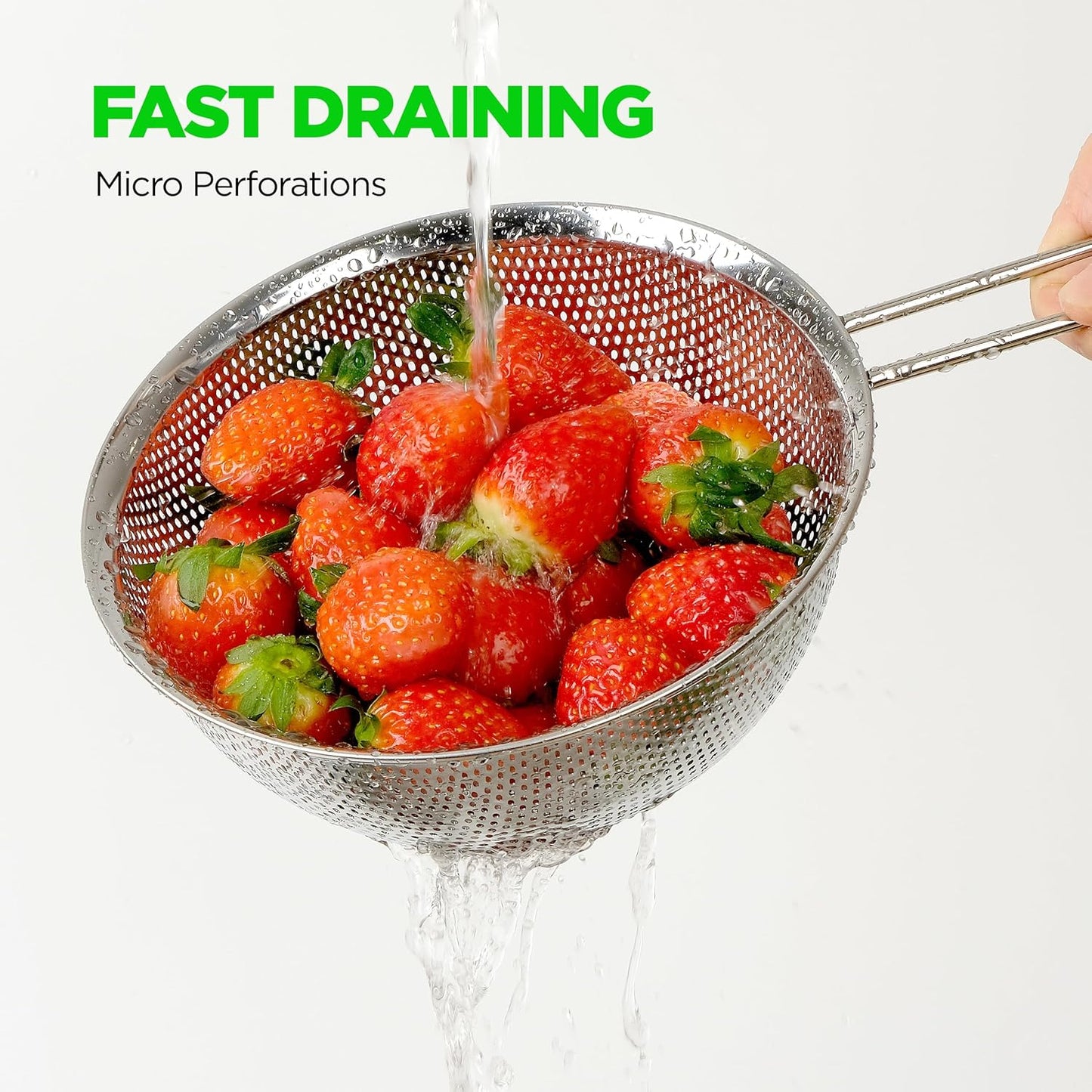 Premium 18/8 304 Stainless Steel Strainer Set of 3 with Long Handle, Micro-Perforated Colanders 1.5-2.5-4 Quart Set, Self-Draining Solid Base for Pasta, Fruits, Vegetables, Made in Korea