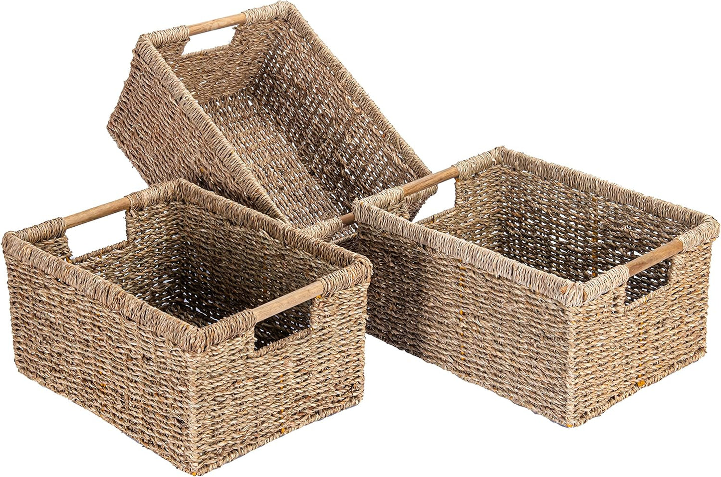 Large Wicker Basket Rectangular with Wooden Handles for Shelves, Seagrass Basket Storage, Natural Baskets for Organizing, Wicker Baskets for Storage - 3 Pack Large