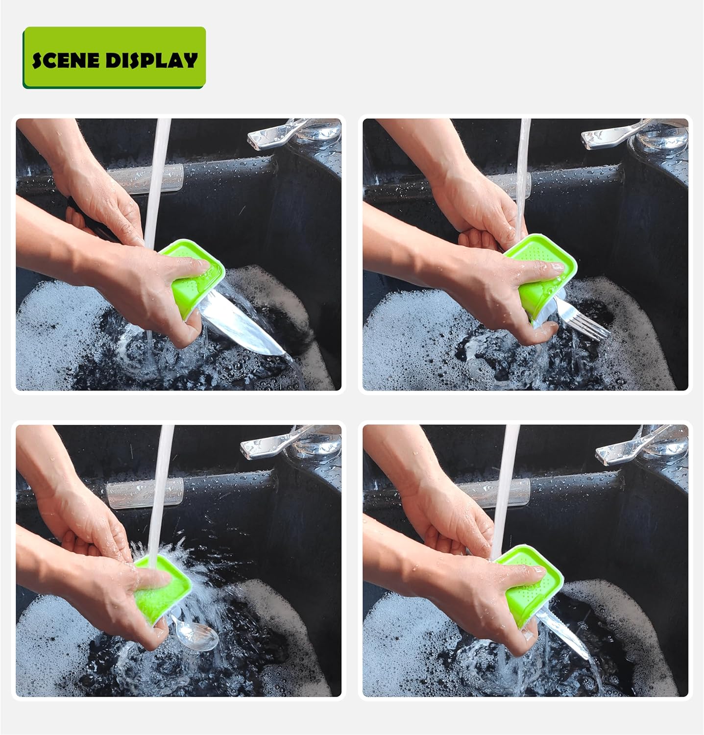 4pcs (2Brush and 2Wall Hook) Openable BladeBrush Knife and Cutlery Cleaner Brush, Silverware Scrubber, Bristle Scrub for Kitchen Washing, Non-Slip, U-Design,Green,Retractable (KCCB-O)