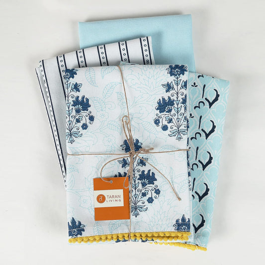 Printed Kitchen Dish Bar Tea Towels Cotton with Trims Hand Towel Gift for Mothers Day Cotton Dish Towel Sets Gift for Mom - White & Blue, Set of 4-18x28 inches