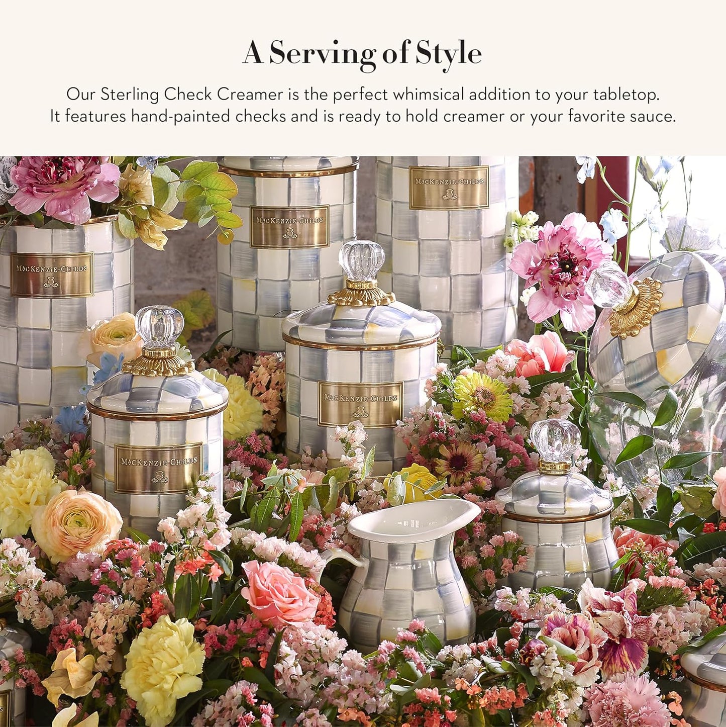 MACKENZIE-CHILDS Enamel Creamer, Creamer Dispenser with Pour Spout, Kitchen Enamelware, 14-Ounce Capacity, Gray-and-White Sterling Check