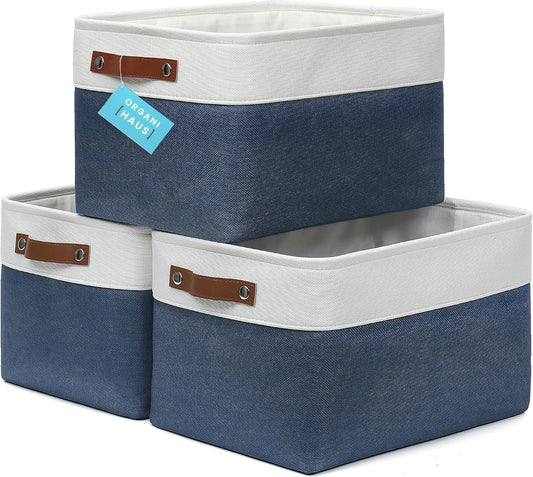 OrganiHaus Large Fabric Storage Bins for Shelves 3 Pack, 15x11in Closet Storage Bins for Shelves, Cloth Baskets & Closet Organizers, Fabric Basket, Navy Blue/White