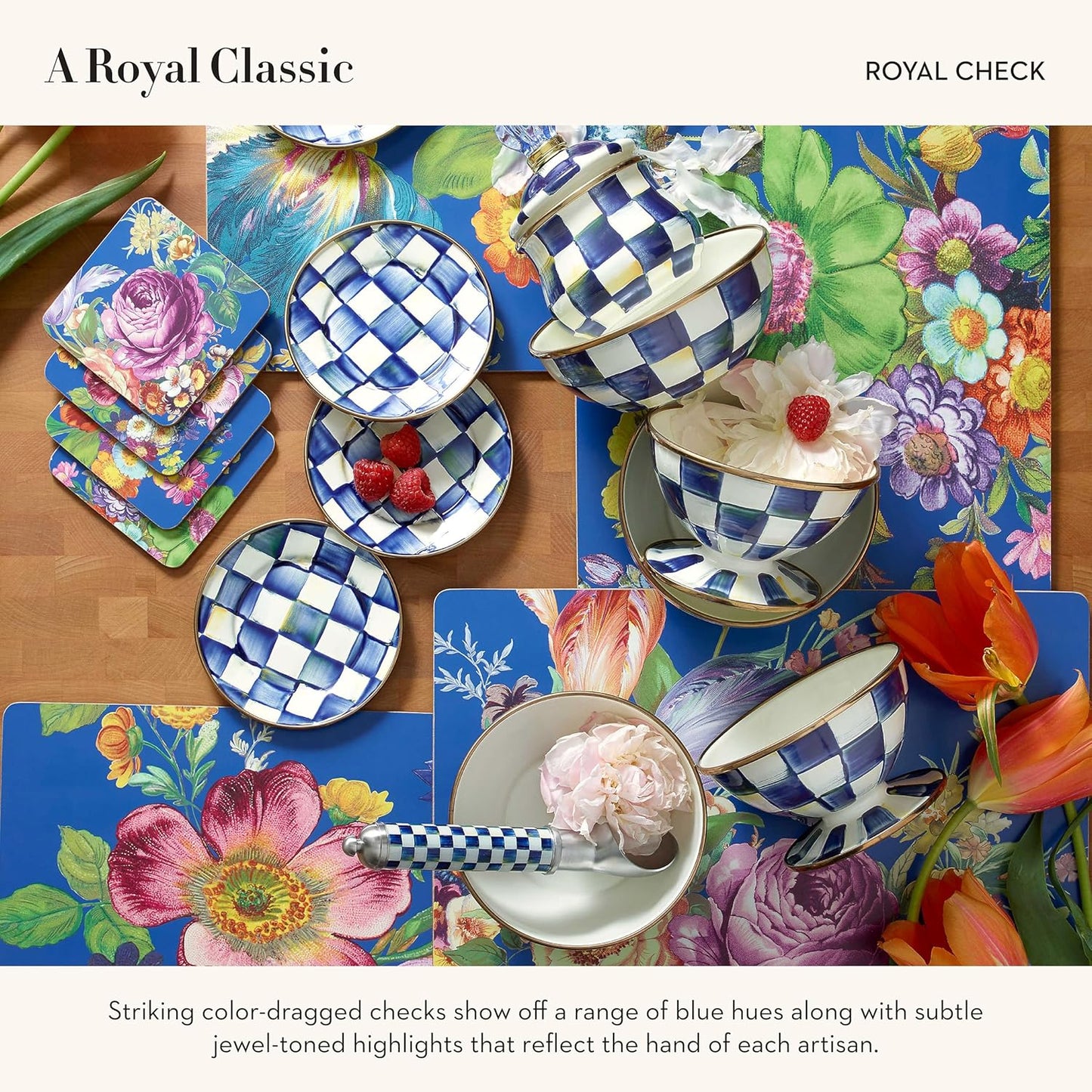 MACKENZIE-CHILDS Enamel Ice Cream Bowl, Serving Bowls for Entertaining, 2-Cup Capacity, Blue-and-White Royal Check