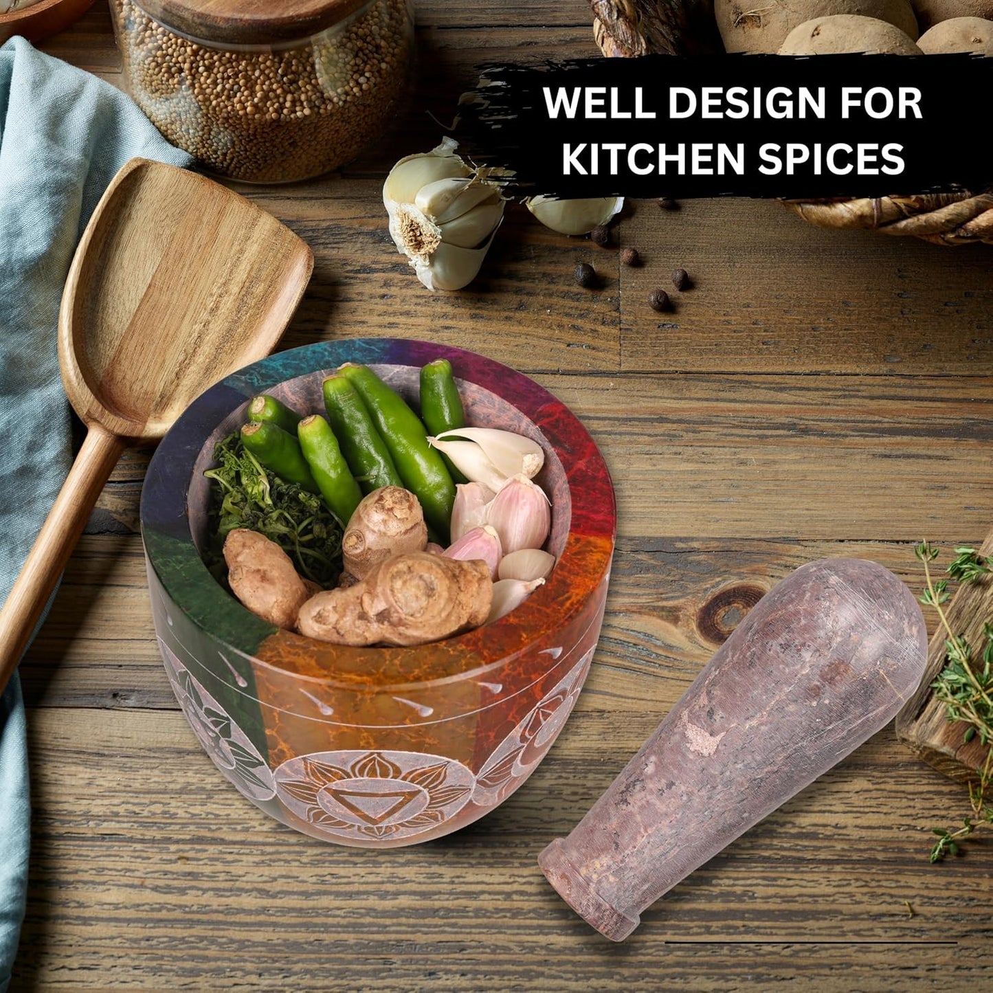 Mortar and Pestle, Made of Heavy Duty Polished Hard Stone, Natural Stone Grinder for Spices, Pastes, Herbs, Seasoning etc. (7 Chakra)