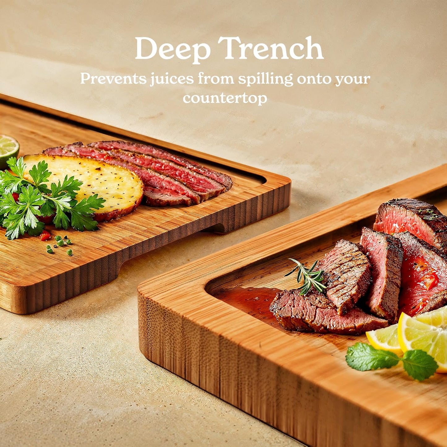 SMIRLY Wood Cutting Boards for Kitchen Wooden Chopping Board Set Reversible with Deep Juice Grooves Grip Handles, Large Charcuterie Tray, New Apartment Essentials, Carbonized Bamboo, 3Pcs with Holder