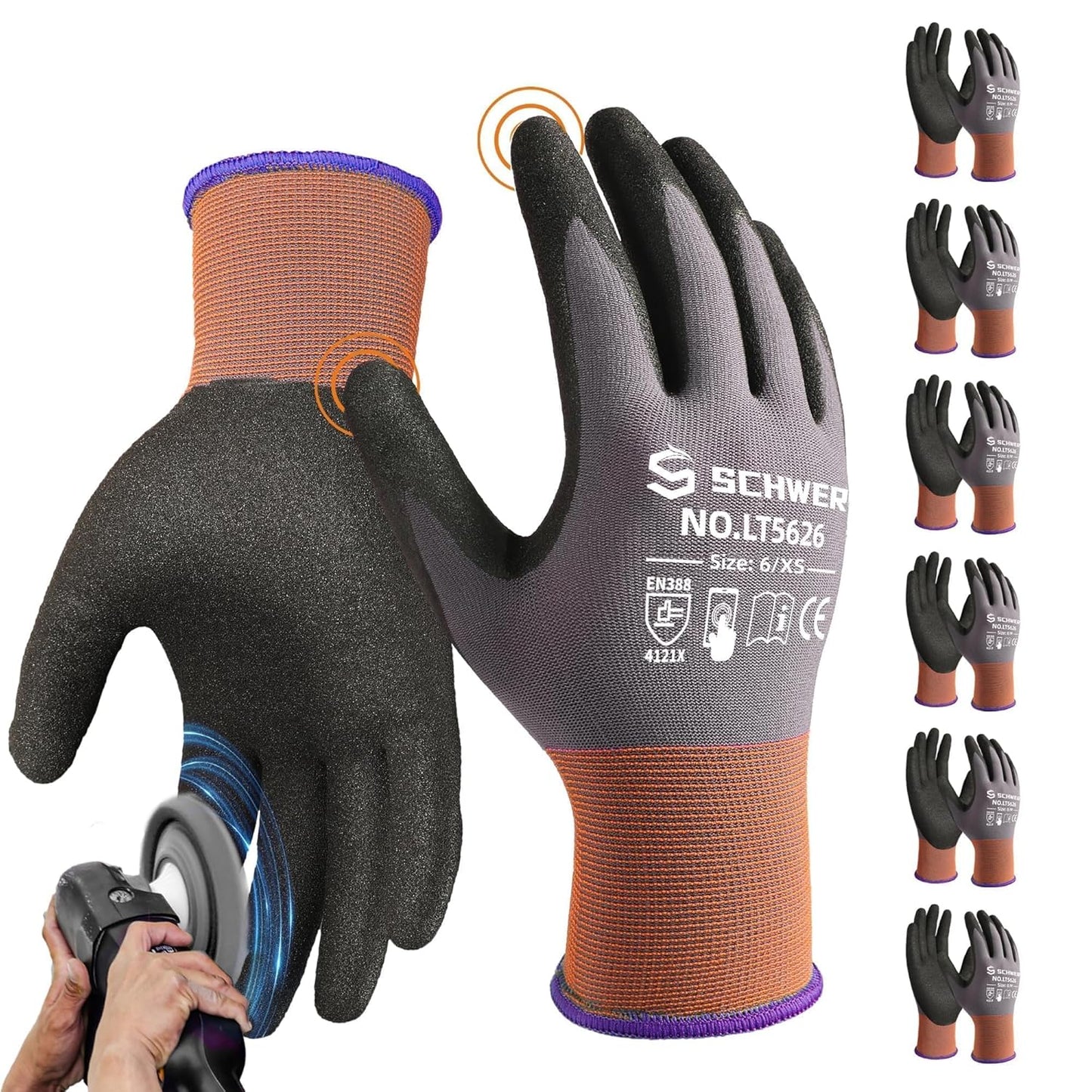 Schwer 6 Pairs Safety Work Gloves with Sandy Nitrile Coating LT5626, Max Abrasion Resistance Heavy Duty Gloves with Grip for Men and Women, Ideal for General Use, Mechanic, Construction, Gardening, XS
