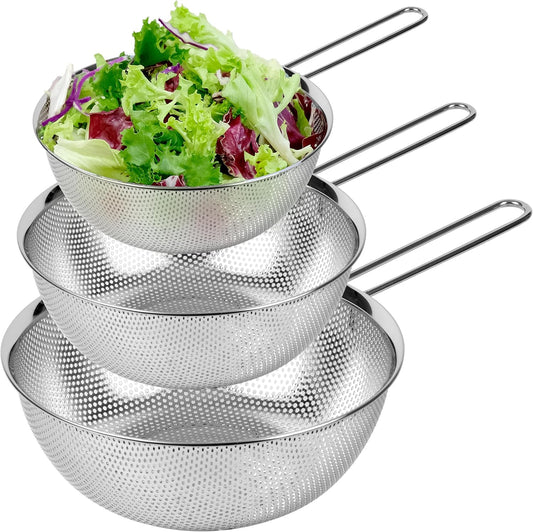 Premium 18/8 304 Stainless Steel Strainer Set of 3 with Long Handle, Micro-Perforated Colanders 1.5-2.5-4 Quart Set, Self-Draining Solid Base for Pasta, Fruits, Vegetables, Made in Korea