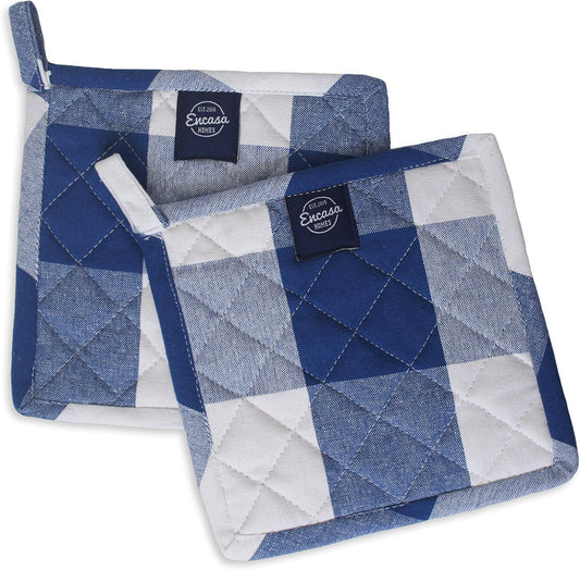 Encasa Homes 8 inches Oven Microwave Potholders (2 pc Set) for Kitchen Cooking & Baking - Heat Resistant, Thick & Safe, Protection of Hands from Hot Utensils - Buffalo Blue Checks