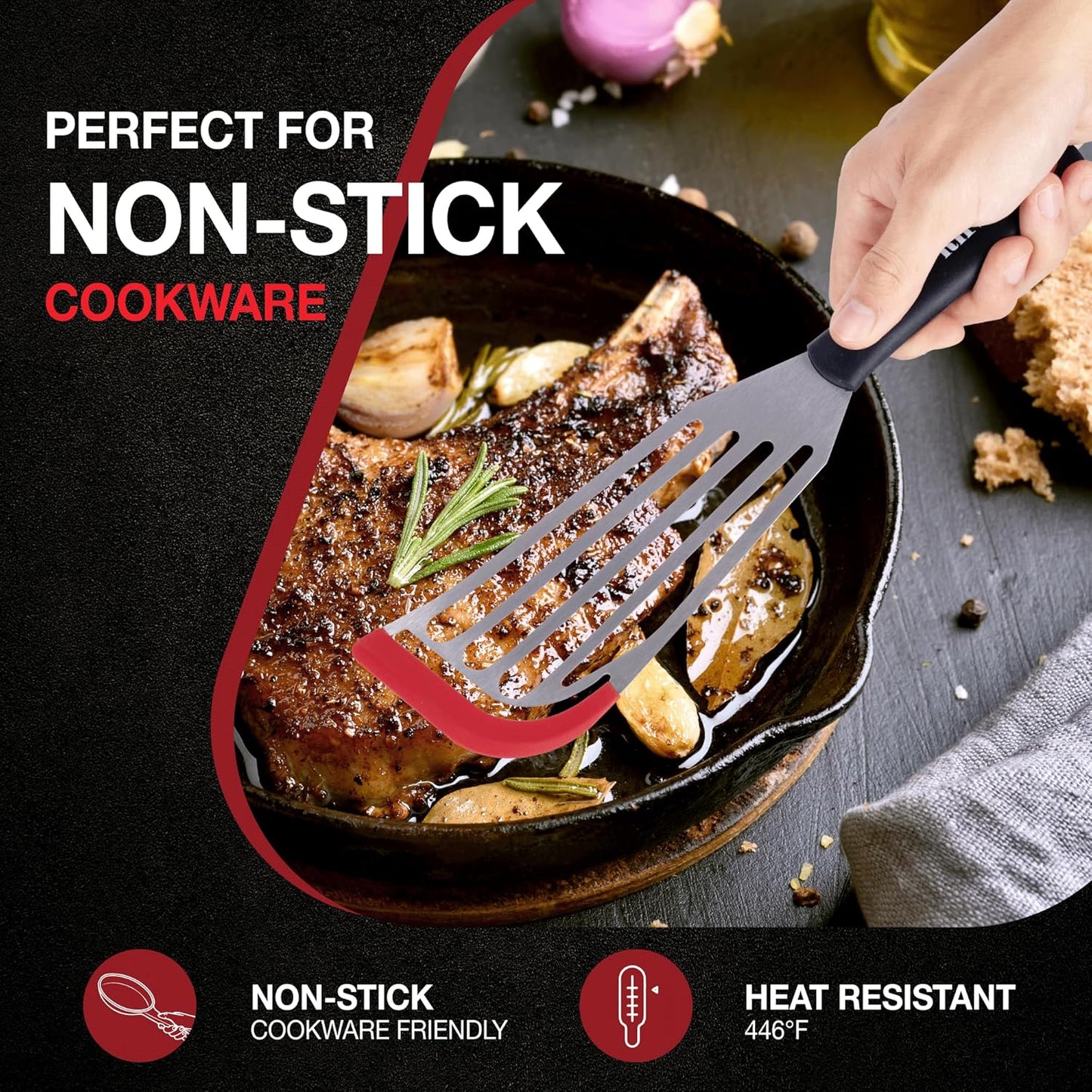 Fish Spatula Set of 2, Stainless Steel Fish Spatulas with Heat-Resistant Silicone Tips, Non-Scratch Design for Non-Stick Cookware, Silicone Slotted Spatula for Frying, Flipping Fish, Eggs & Pancakes