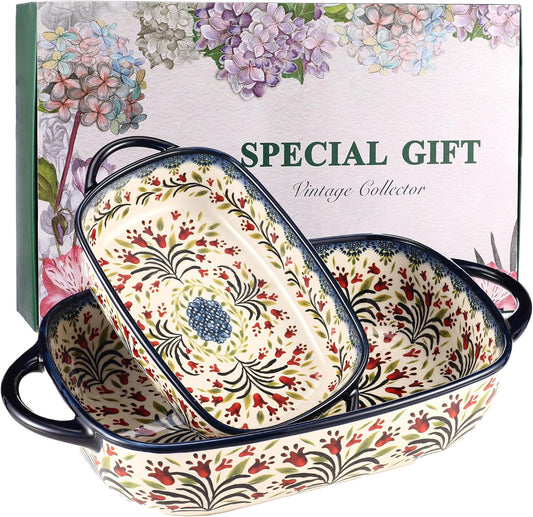 Polish Pottery Style Ceramic Baking Dish Set of 2 – Decorative Casserole Dishes with Handles, Cute Oven-Safe Lasagna Bakeware Gift Set