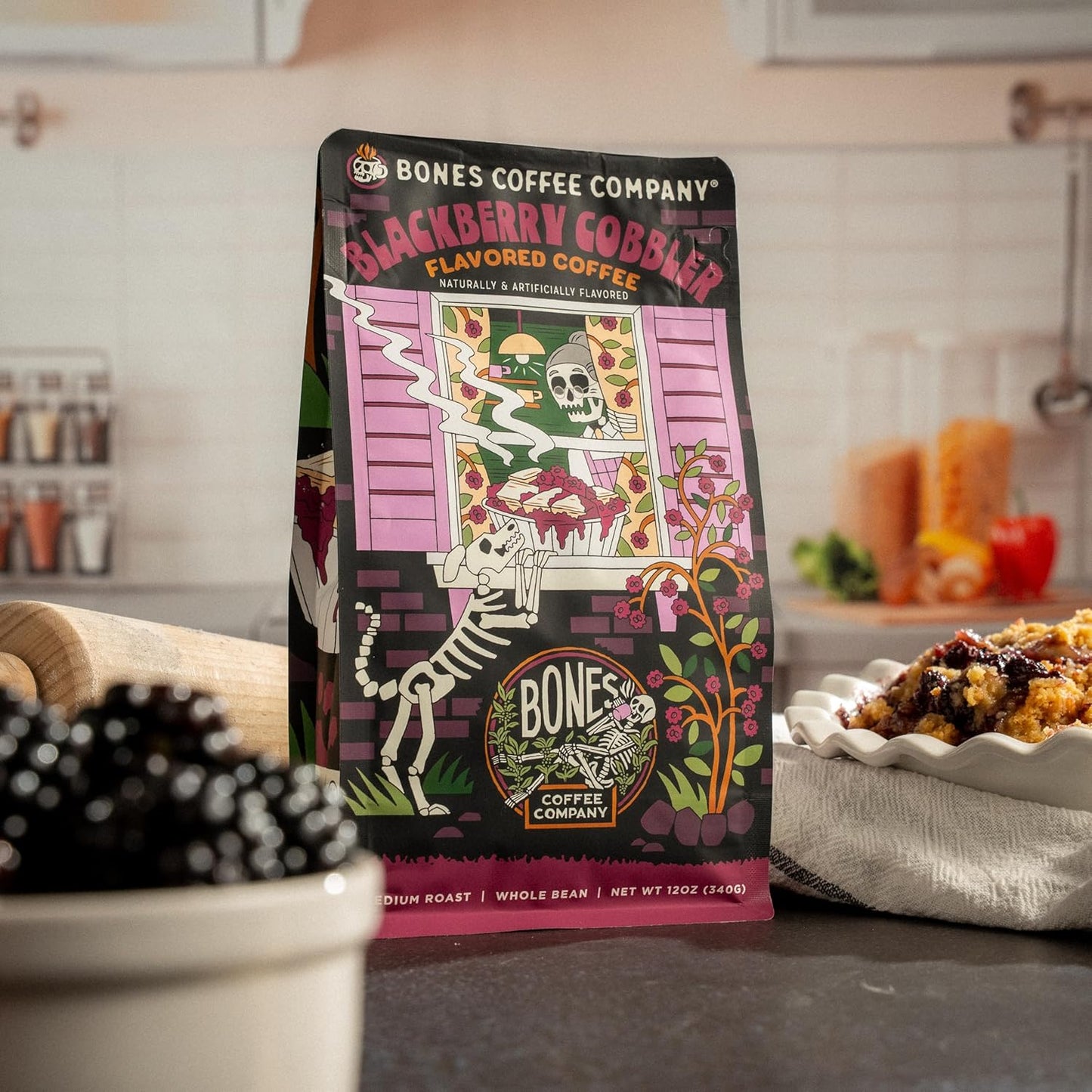 Bones Coffee Company Blackberry Cobbler Flavored Coffee Beans, Whole Bean Coffee Medium Roast Low Acid, Blackberry Cobbler Flavor (12 oz)
