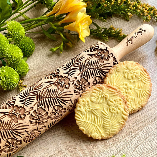 RAINFOREST embossing rolling pin with Tropical Pattern. Dough roller for embossed cookies and Pottery by Algis Crafts