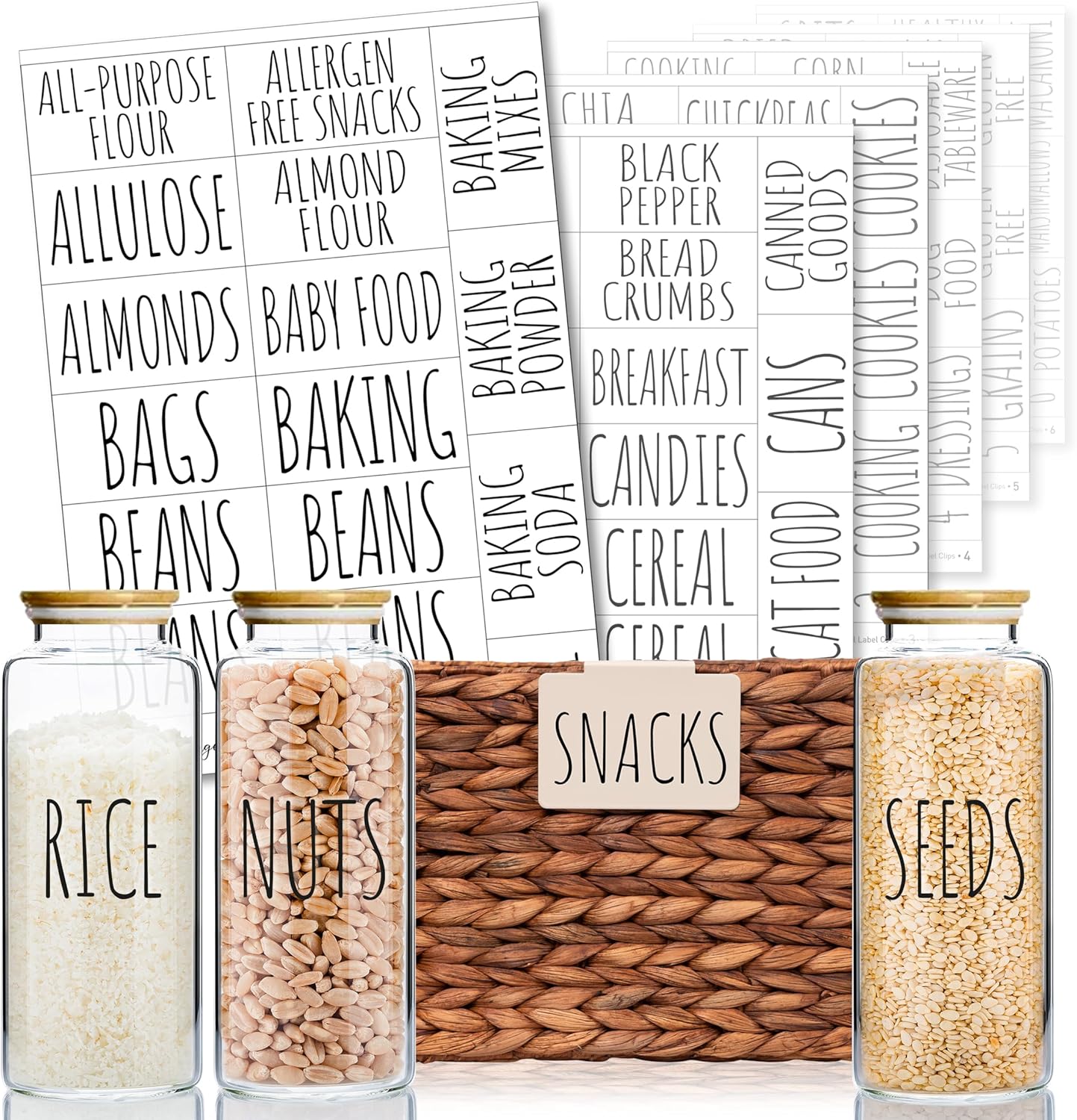 Hygge & Sage Pantry Labels for Containers Preprinted - 192 Waterproof Labels, Durable, Removable Kitchen Stickers, Clear With Black Print, Perfect for Use On Basket Labels, in Pantry, and Refrigerator