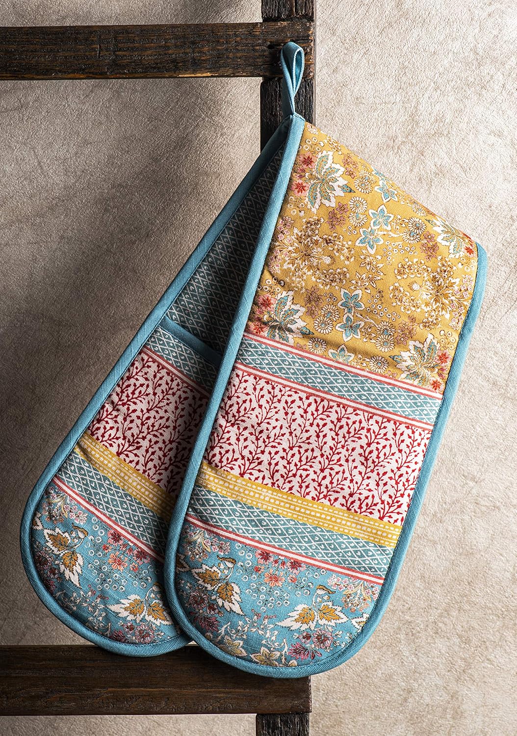 Maison d' Hermine Double Oven Mitts 100% Cotton 7"x35" Double Oven Mitt Heat Resistant BBQ Cooking Gloves with Loop, Baking, Grilling, Home, Kitchen, Handling Hot Pans Spring Summer (Marquise)