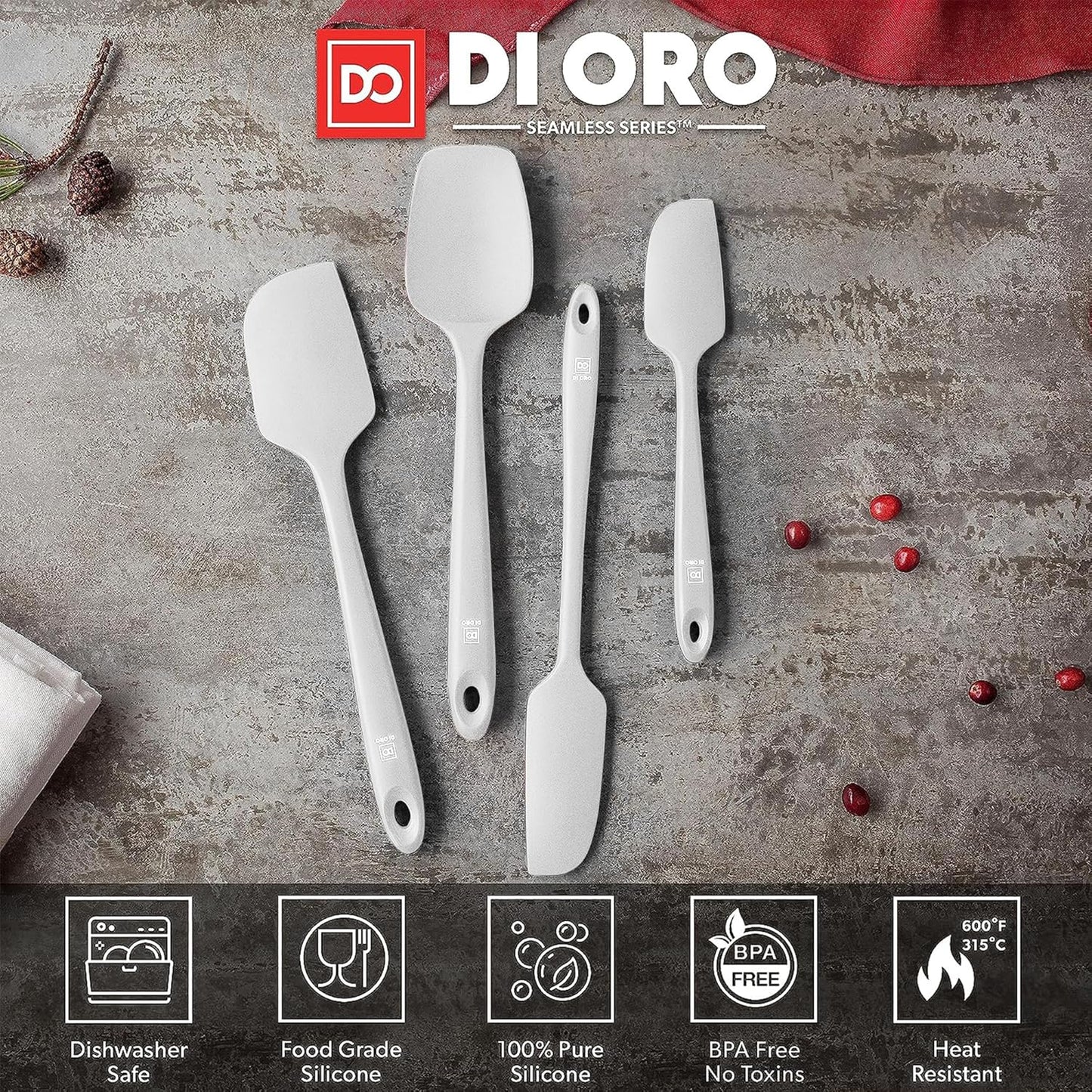 DI ORO Silicone Spatula Set - Rubber Kitchen Spatulas for Baking, Cooking, & Mixing - 600°F Heat-Resistant & BPA Free Silicone Scraper Spatulas for Nonstick Cookware - Dishwasher Safe (4pc, Stone)