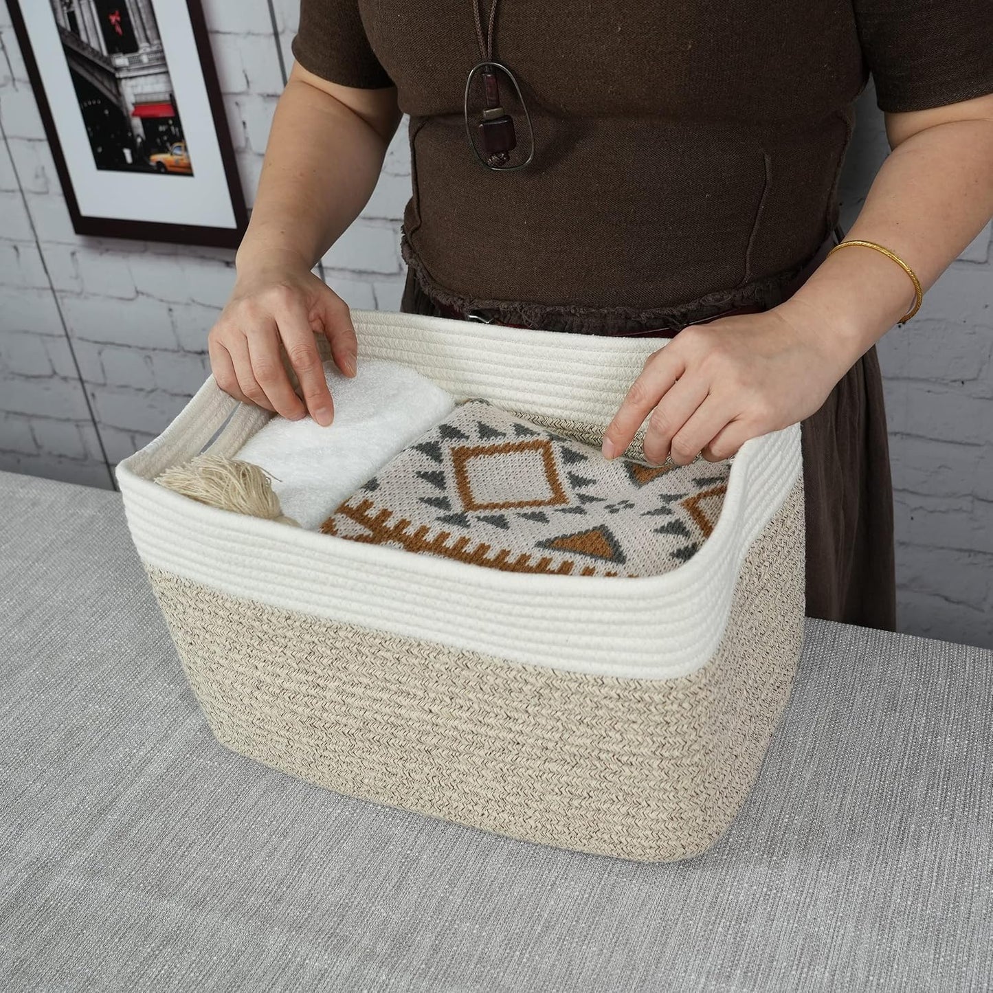 Cotton Rope storage Basket Bins Woven Basket for Organizing Shelves Rectangle Decorative Baskets For storage Clothes Toys Books Towels Square Wicker Nursery basket organizer 3 pack white and brown