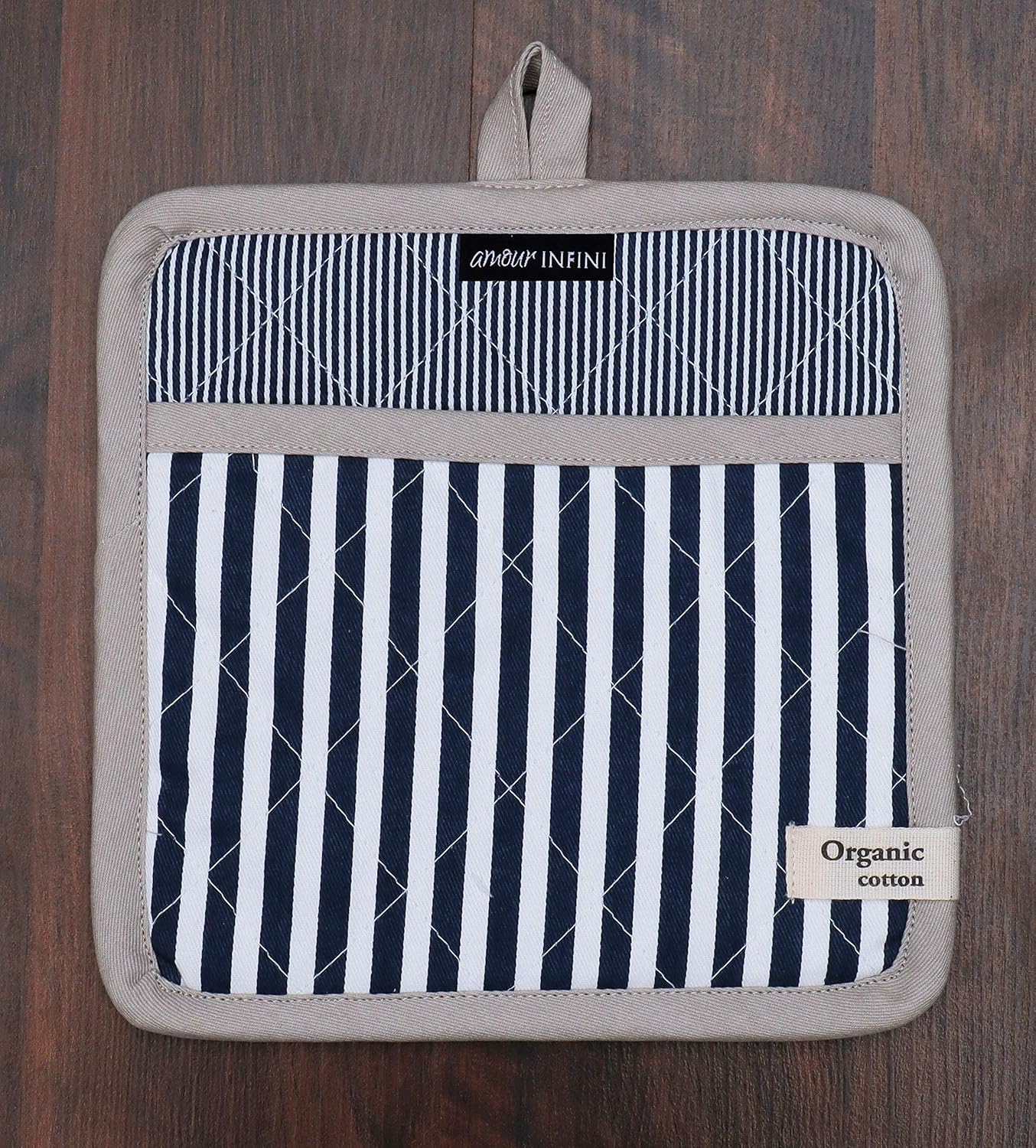 AMOUR INFINI Pot Holders Heat Resistant Cotton Set of 3 Nonslip 8"x8" Inch Hot Pads for Kitchen, BBQ, Baking & Cooking with Hanging Loops (Stripe Blue)