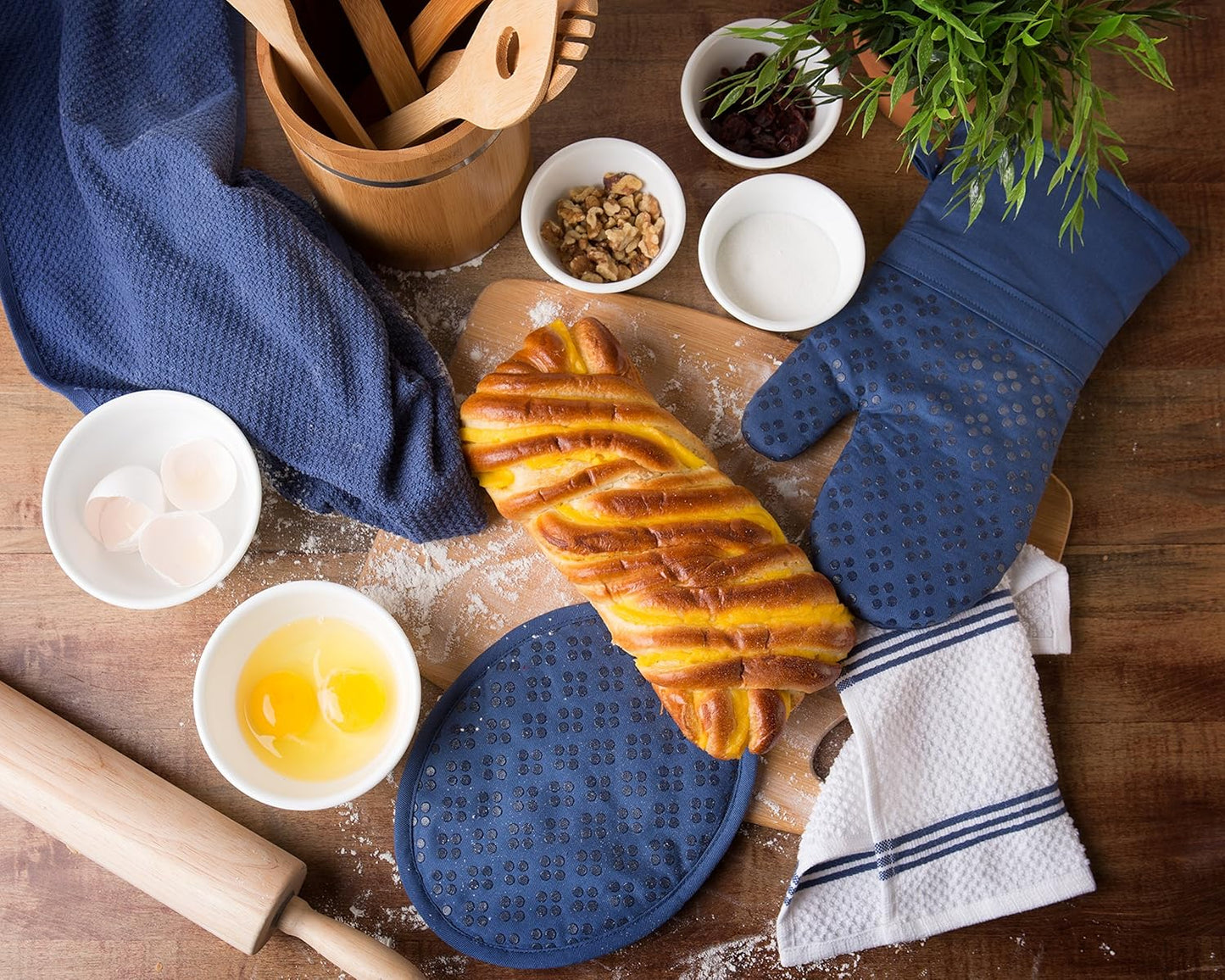 Sticky Toffee 9-Piece Kitchen Set – Dark Blue 100% Cotton Terry Dish Towels, Dishcloths, Oven Mitts, and Pot Holders with Non-Slip Silicone Grip, Oeko-Tex Cotton
